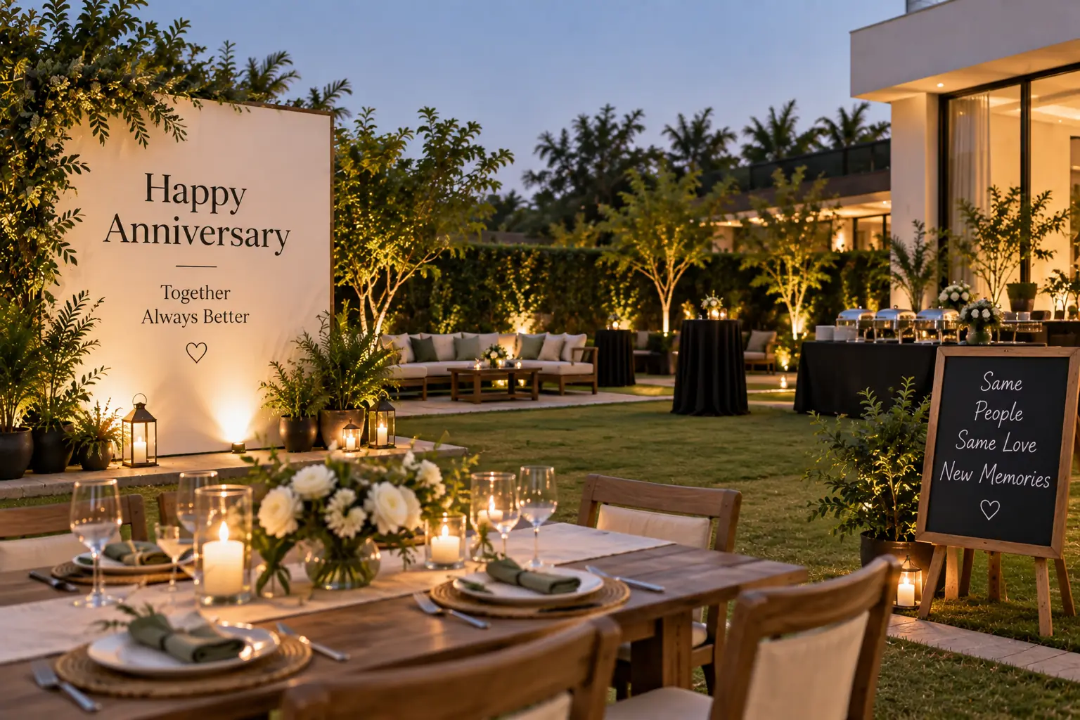 anniversary party setup at a farmhouse in Noida with floral decoration and outdoor seating