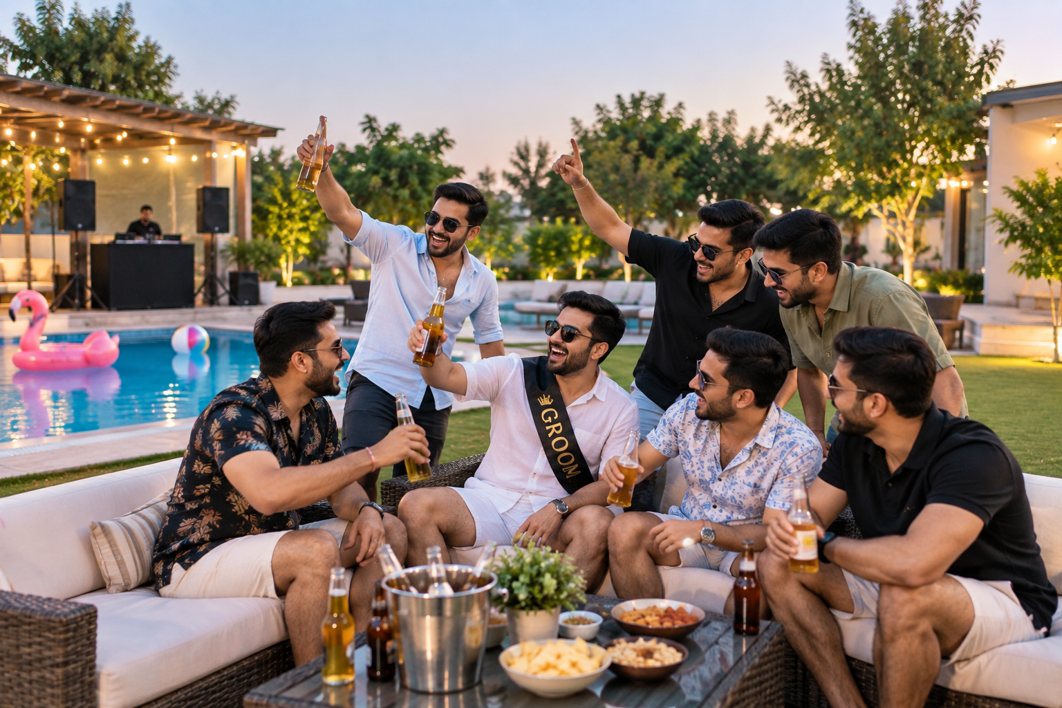 Private farmhouse poolside setup for a bachelor and bachelorette party in Noida