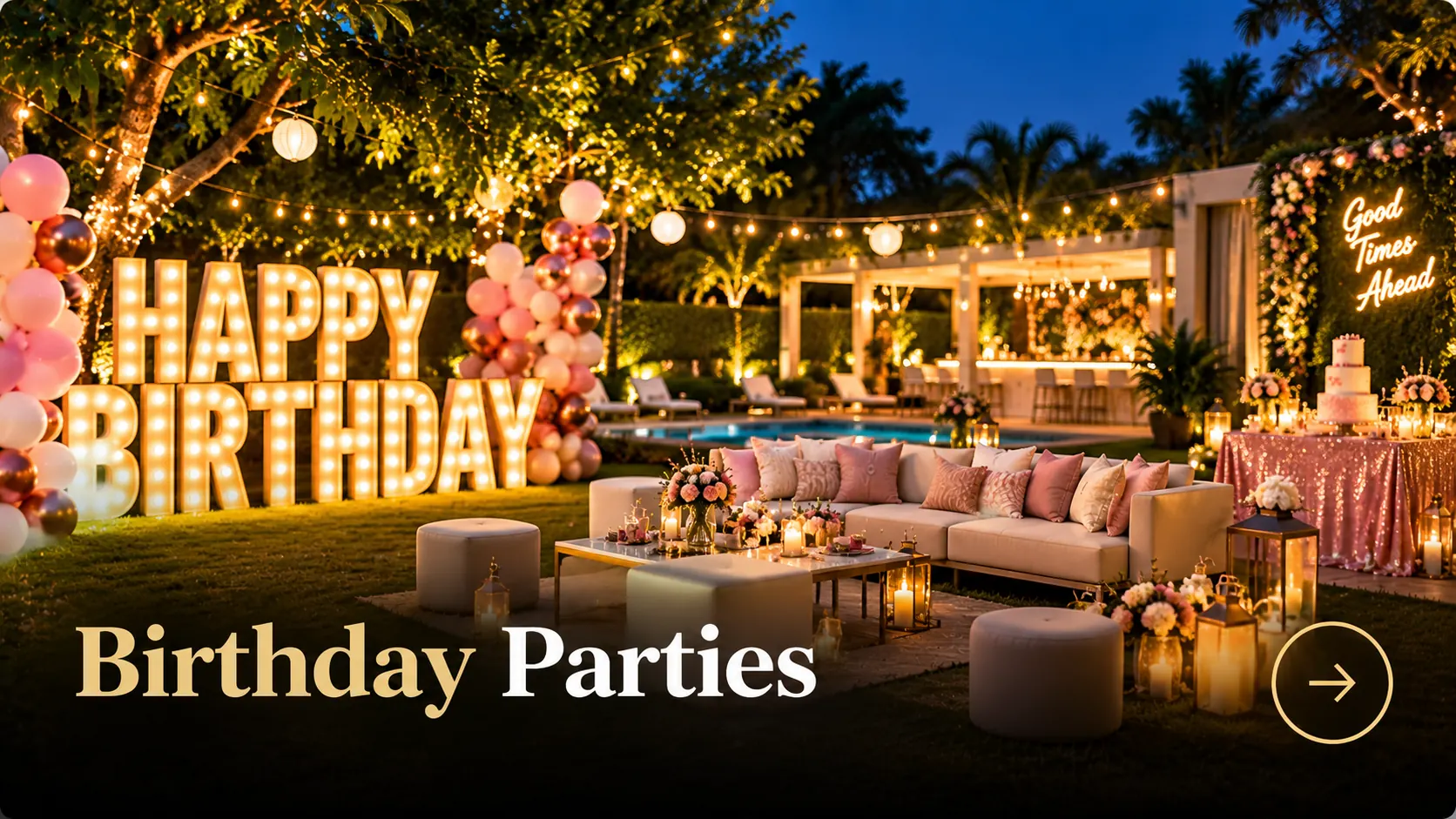 Birthday party celebration setup at a farmhouse in Noida with decorations and poolside seating