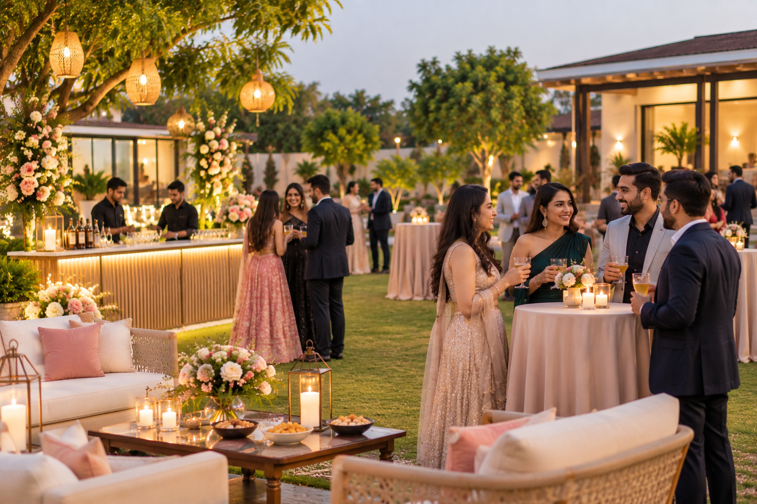 Decorated farmhouse lawn with a cocktail party setup and Sagan ceremony stage in Noida