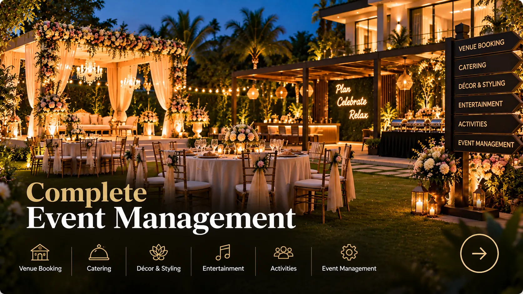 Complete event management at a farmhouse in Noida with venue setup, catering, decoration and entertainment