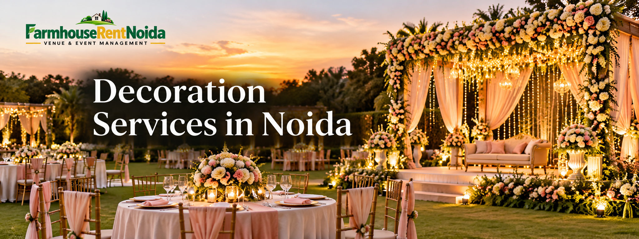 Outdoor wedding and party decoration in Noida with floral stage, elegant seating and warm decorative lighting by Farmhouse Rent Noida.