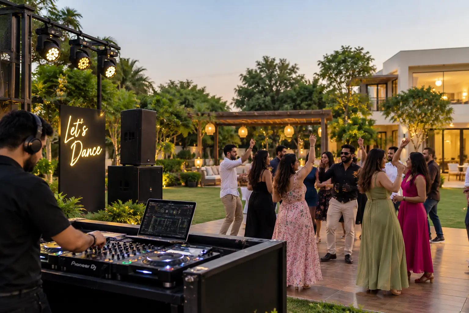 DJ and dance floor setup for a farmhouse party in Noida