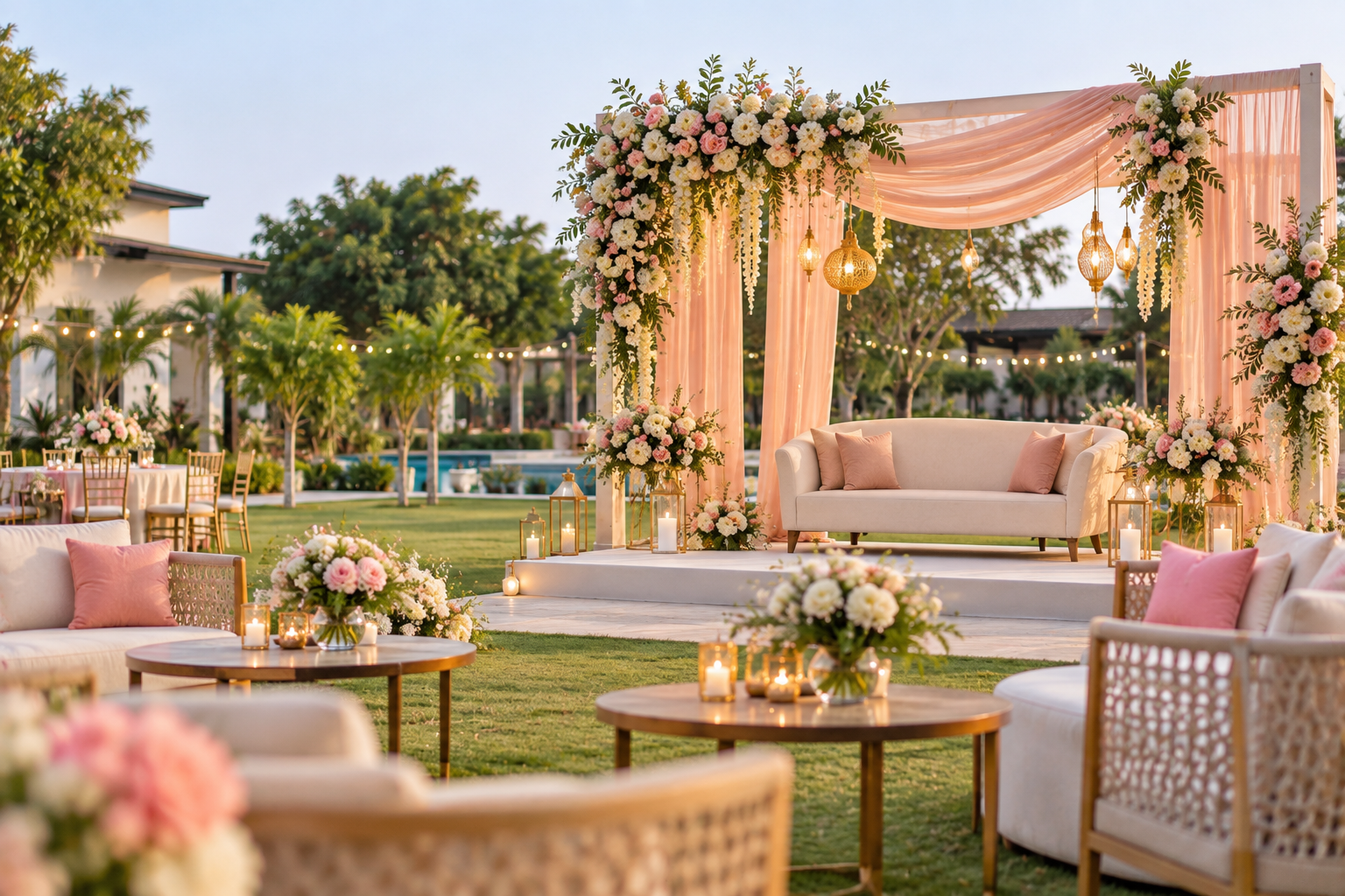 Decorated outdoor farmhouse venue for an engagement and Roka ceremony in Noida