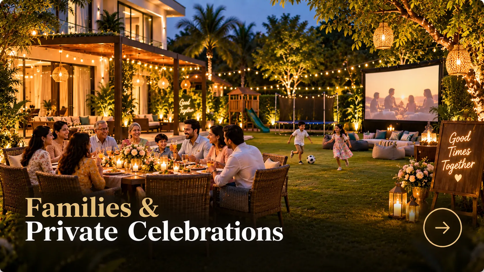 Family and private celebration at a farmhouse in Noida with outdoor dining, kids activities and event setup