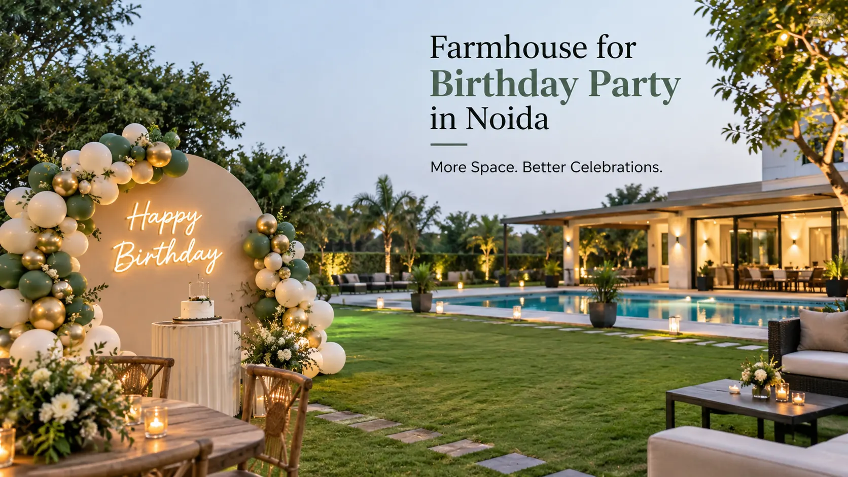 Farmhouse for birthday party in Noida with pool, lawn and birthday decoration setup