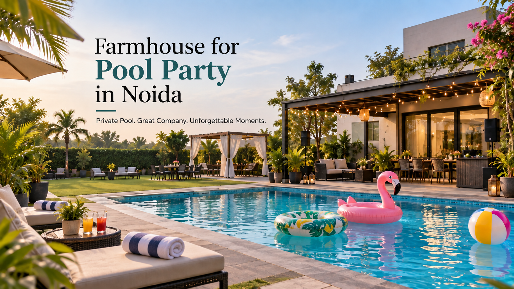 Farmhouse for pool party in Noida with private swimming pool, lawn and poolside party setup