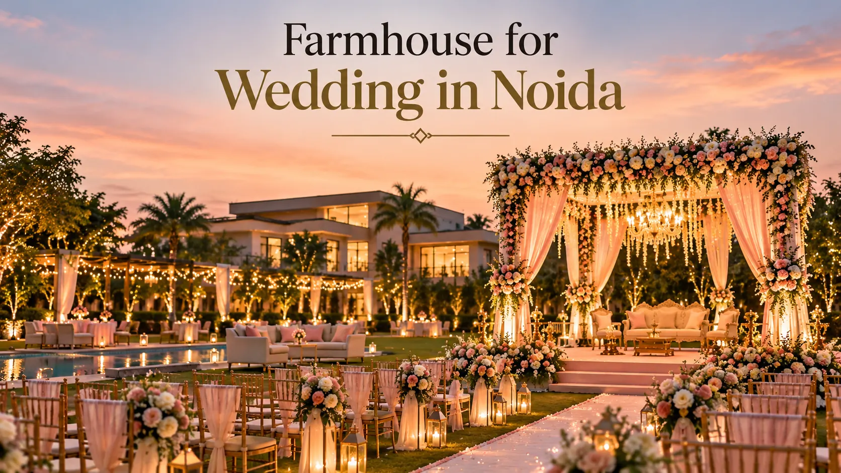 Farmhouse for wedding in Noida with decorated mandap, lawn and outdoor wedding setup