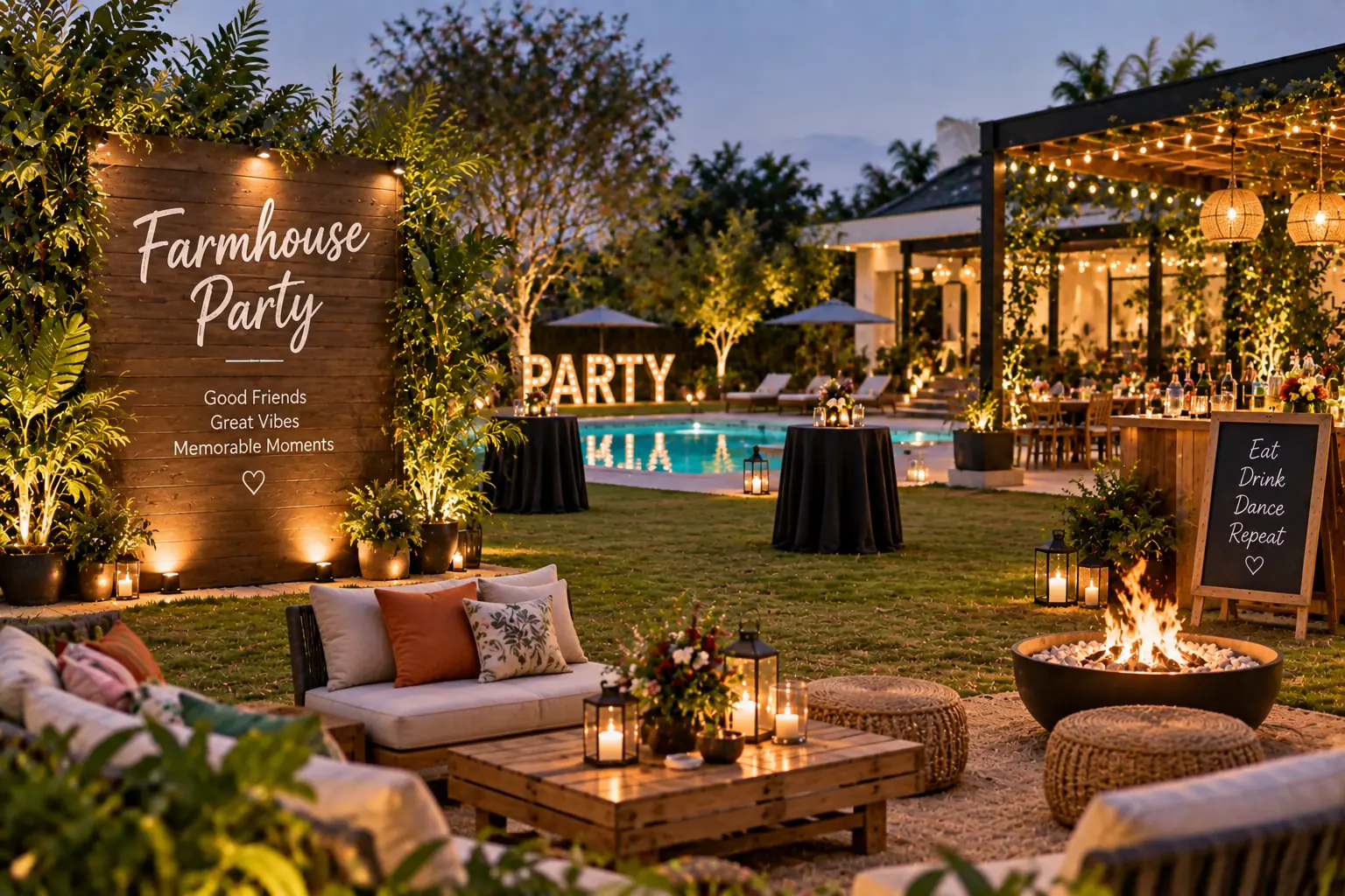 Private farmhouse with swimming pool and spacious lawn for parties in Noida.