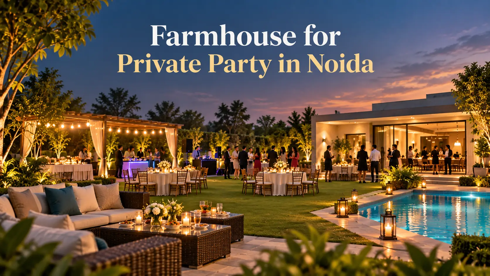 Farmhouse for private party in Noida with pool, lawn and outdoor event setup