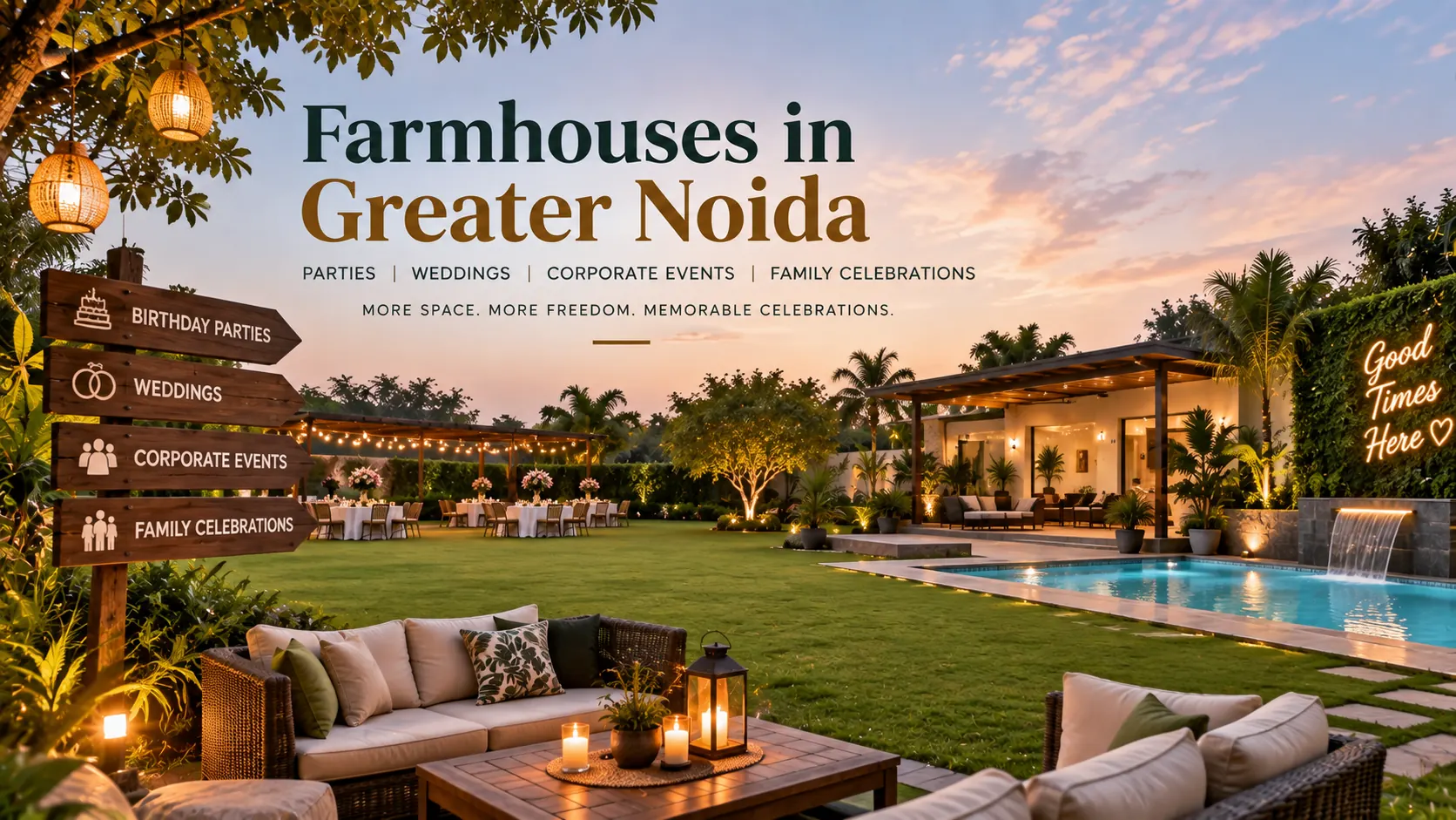 Farmhouses in Greater Noida with lawn, swimming pool and outdoor event space