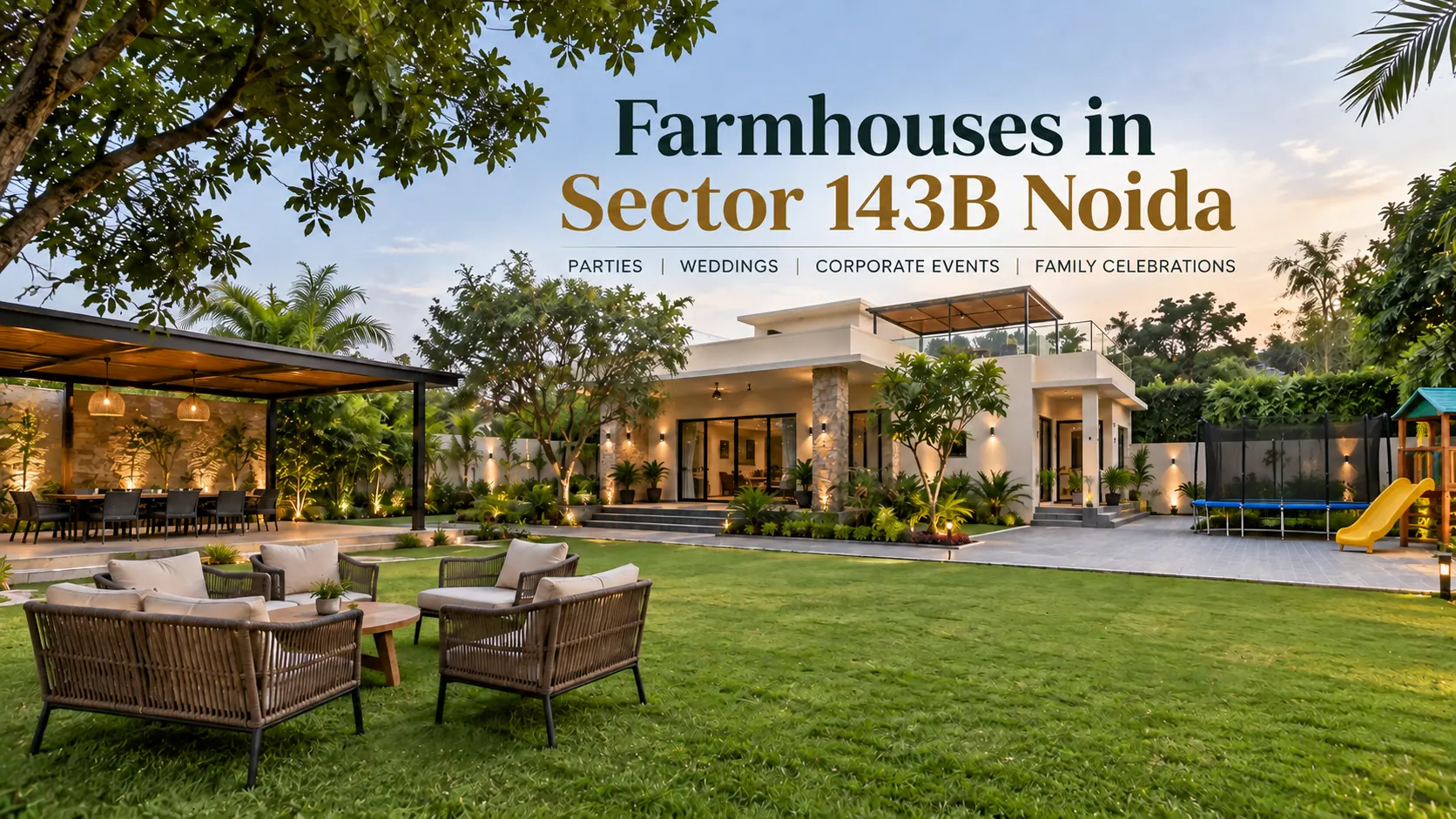 Farmhouses in Sector 143B Noida with spacious lawn and outdoor event space