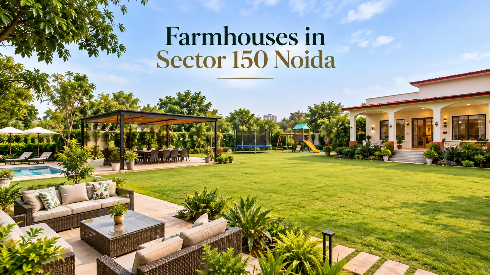 Farmhouses in Sector 150 Noida with spacious lawn and outdoor event area
