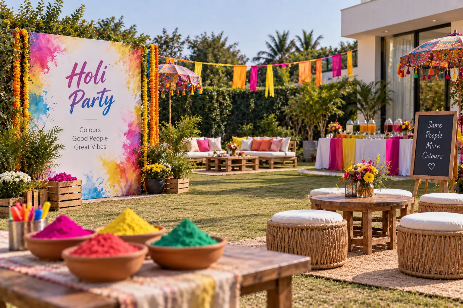 Private farmhouse with spacious lawn for Holi parties in Noida, featuring DJ and rain dance arrangements.