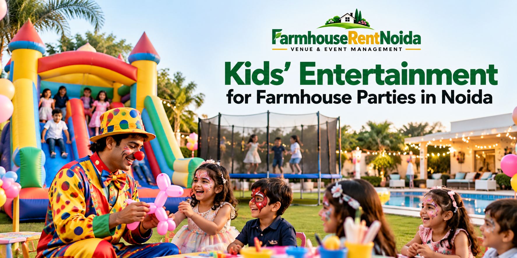 Kids’ entertainment for farmhouse parties in Noida with games, trampoline and fun activities