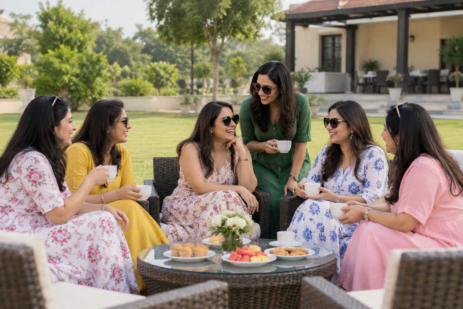Women enjoying a private kitty party with outdoor seating at a farmhouse in Noida.