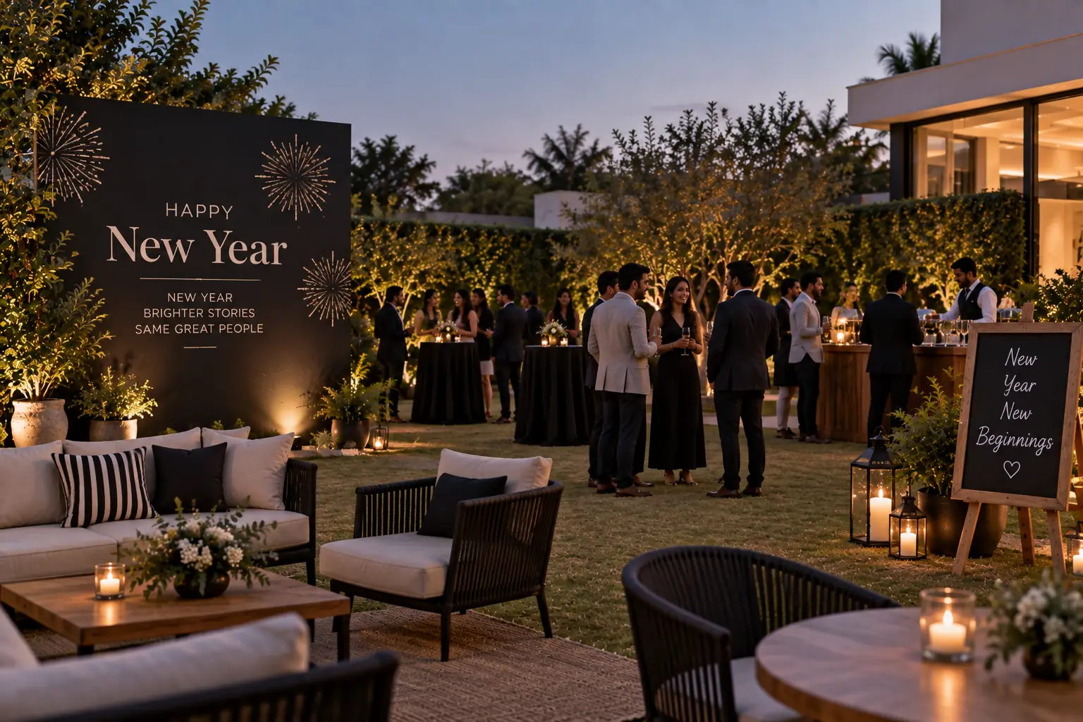 New Year party at a private farmhouse in Noida with festive lighting and outdoor celebration setup