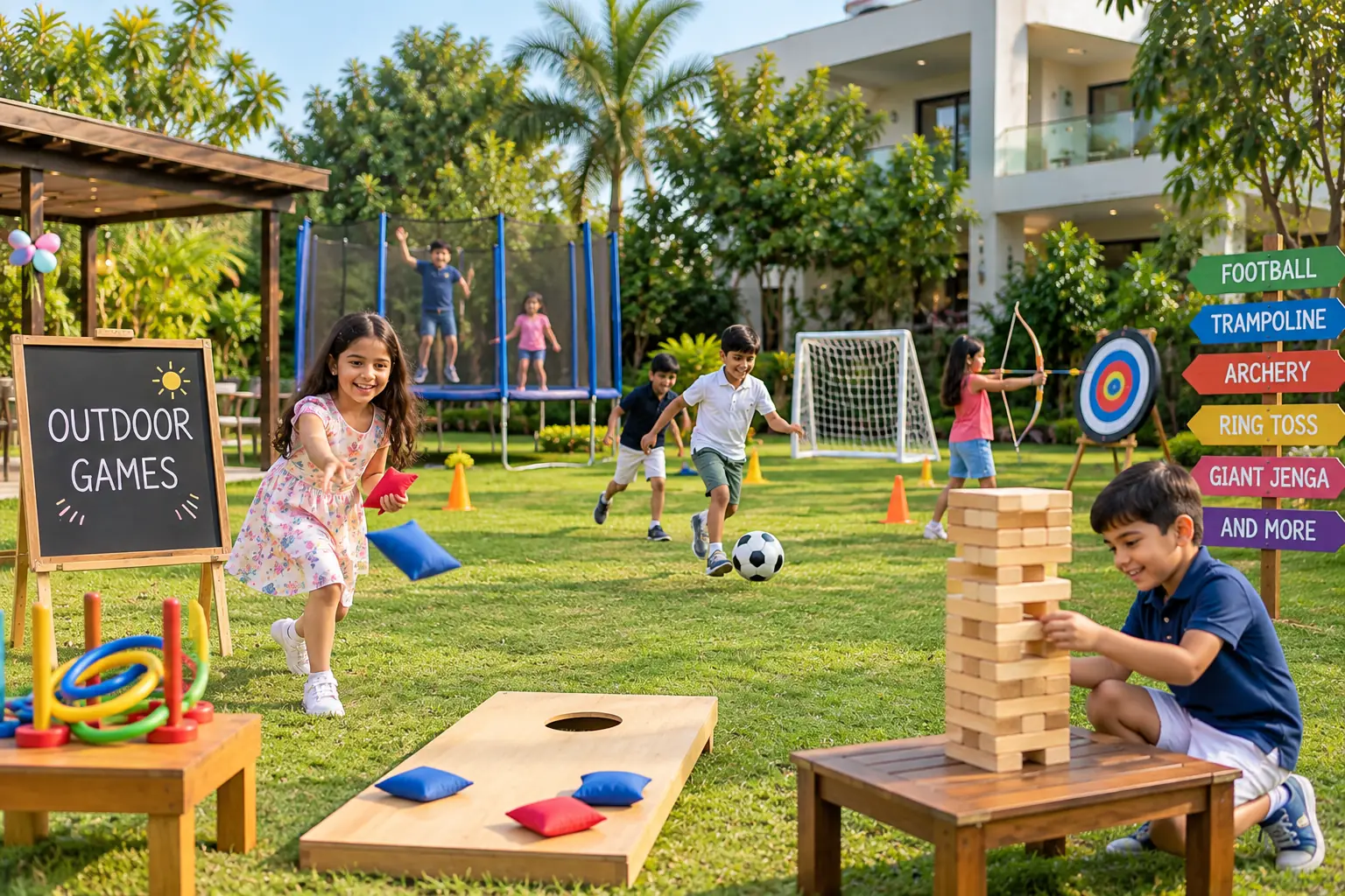 Outdoor games and sports activities for kids at a farmhouse in Noida
