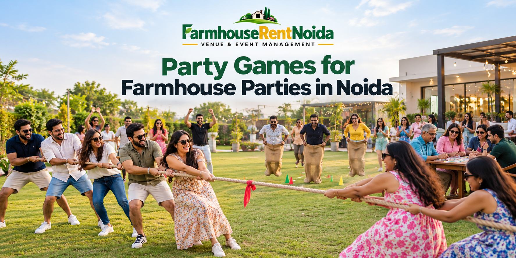 Party games for farmhouse parties in Noida with tug of war and outdoor group activities