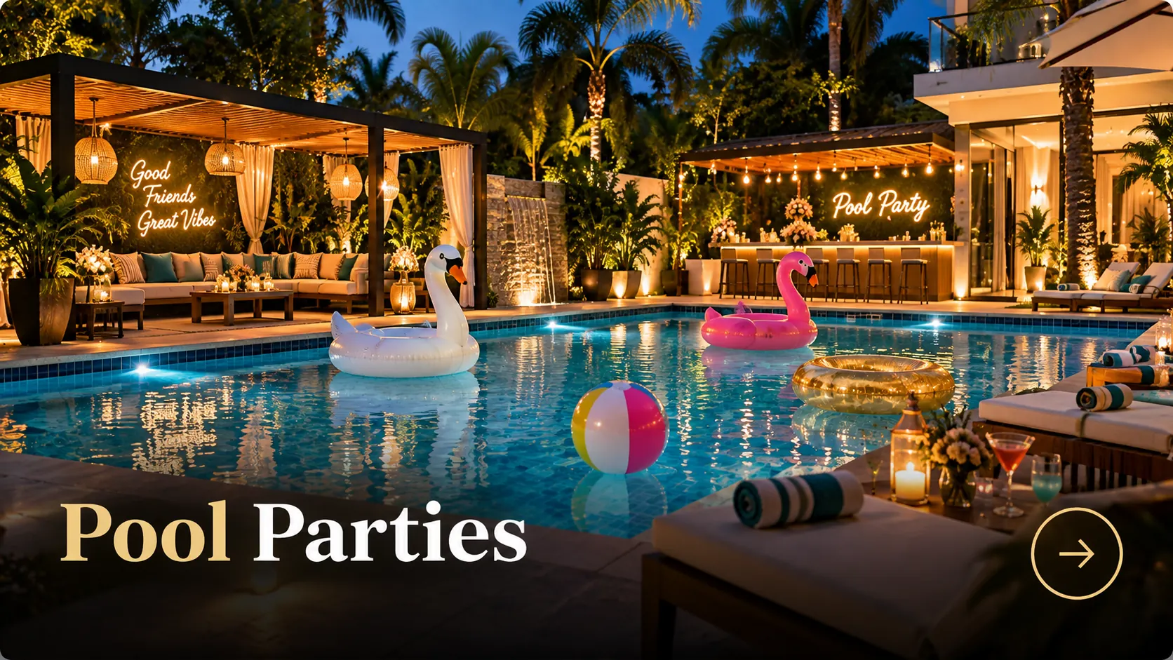 Pool party setup at a luxury farmhouse in Noida with swimming pool, decorations and poolside seating