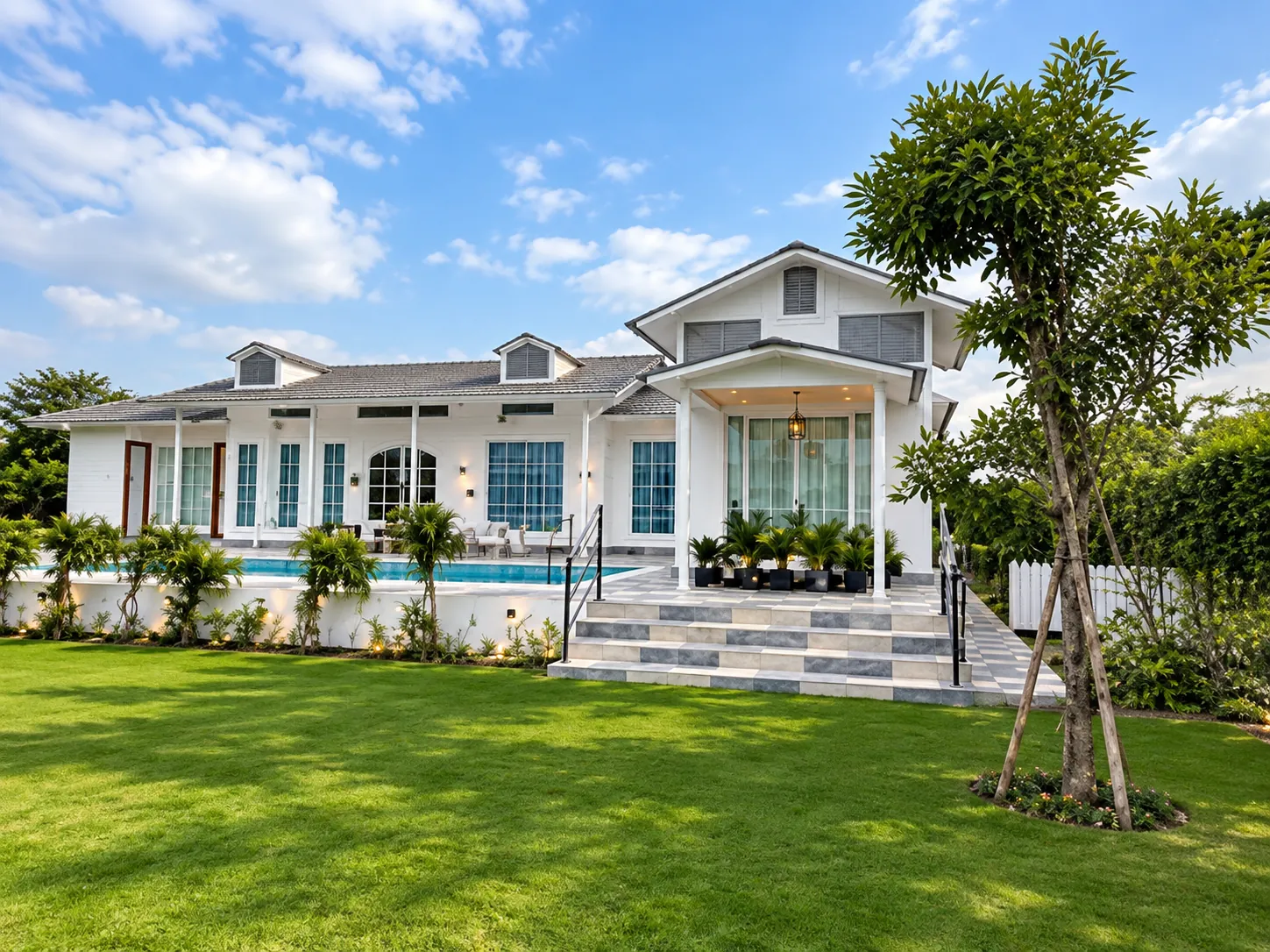 The Riviera Farm in Noida with white villa, landscaped lawn and swimming pool