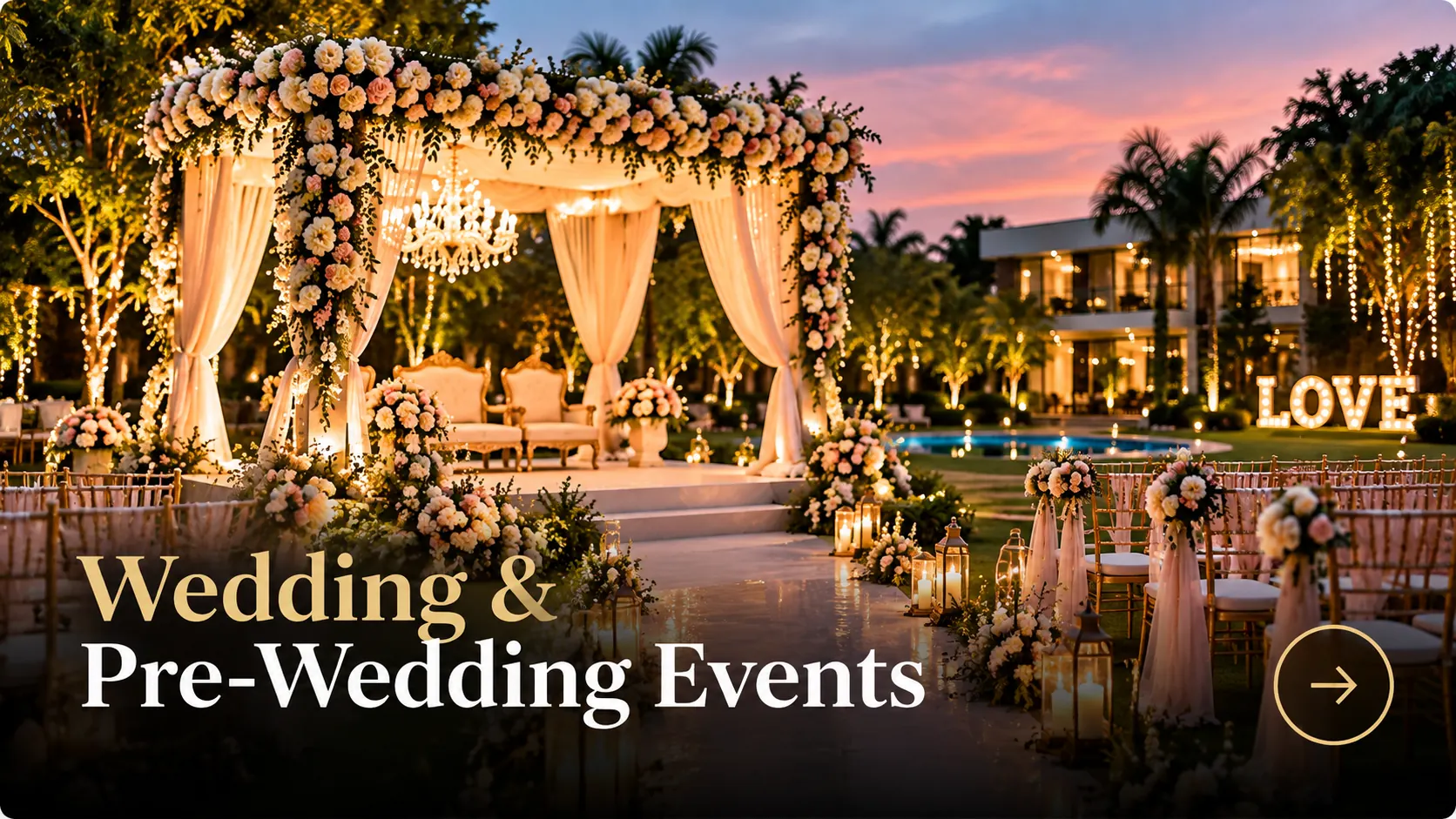 Wedding and pre-wedding event setup at a luxury farmhouse in Noida