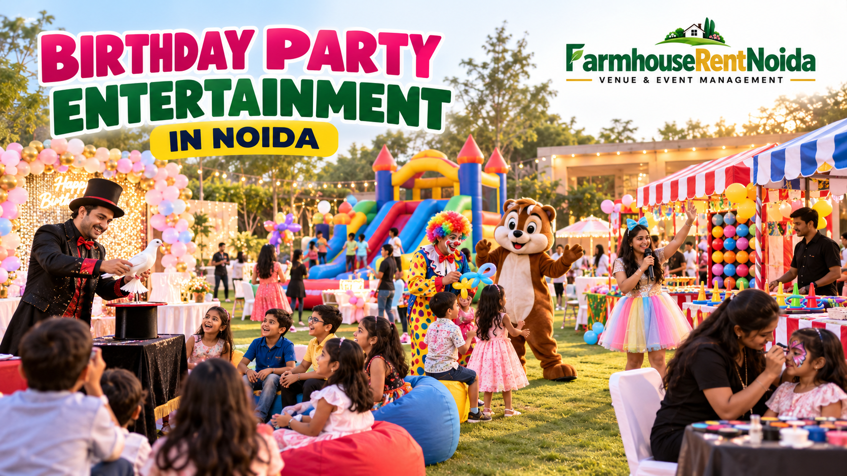 Birthday party entertainment in Noida featuring magicians, mascots, bouncy castles, fun stalls and kids' activities.