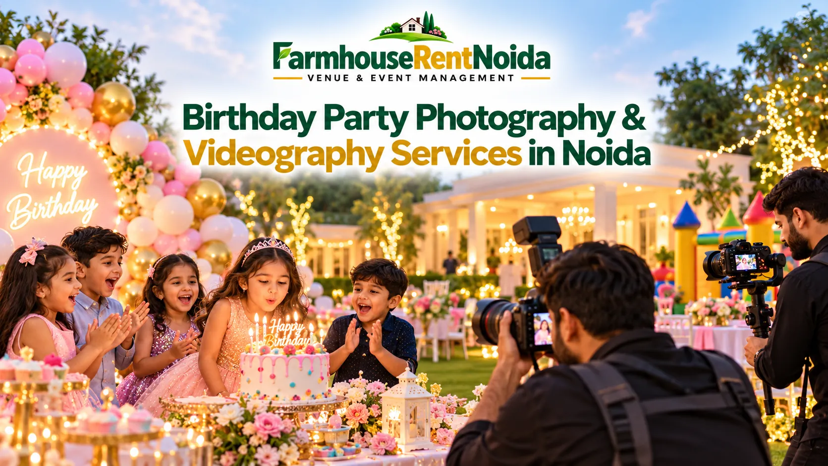 Birthday party photography and videography in Noida featuring professional photographers capturing kids' cake-cutting celebration at a farmhouse