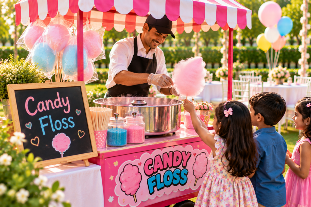 Colourful candy floss stall for kids' birthday parties and carnival events in Noida