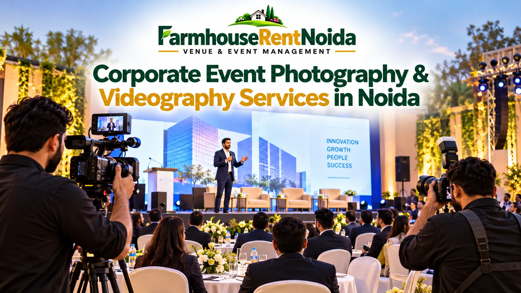 Corporate event photography and videography in Noida featuring professional cameramen filming a business conference with speakers and delegates