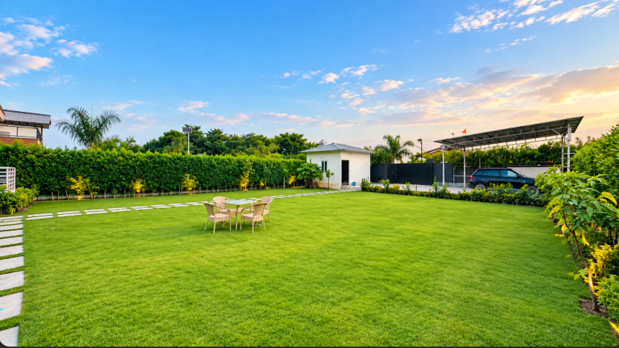 Landscaped lawn and outdoor seating at Shiv Kashi Farmhouse Noida