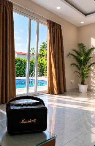 Living area overlooking the pool at Shiv Kashi Farmhouse Noida