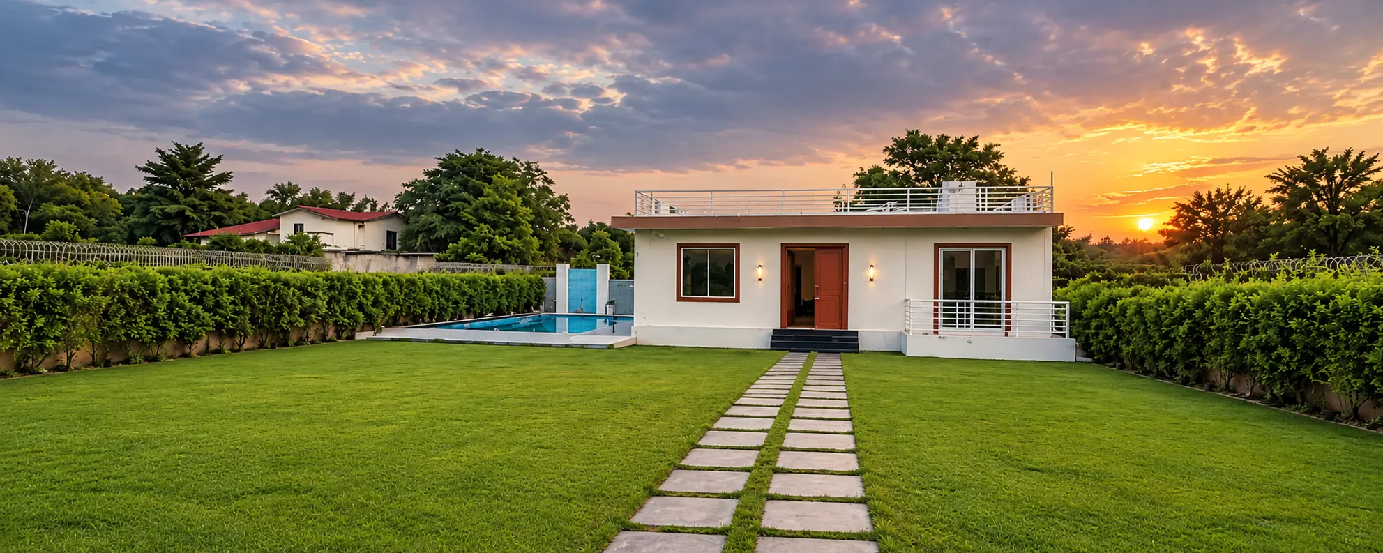 Shiv Kashi Farmhouse private pool villa and landscaped lawn in Sector 135 Noida