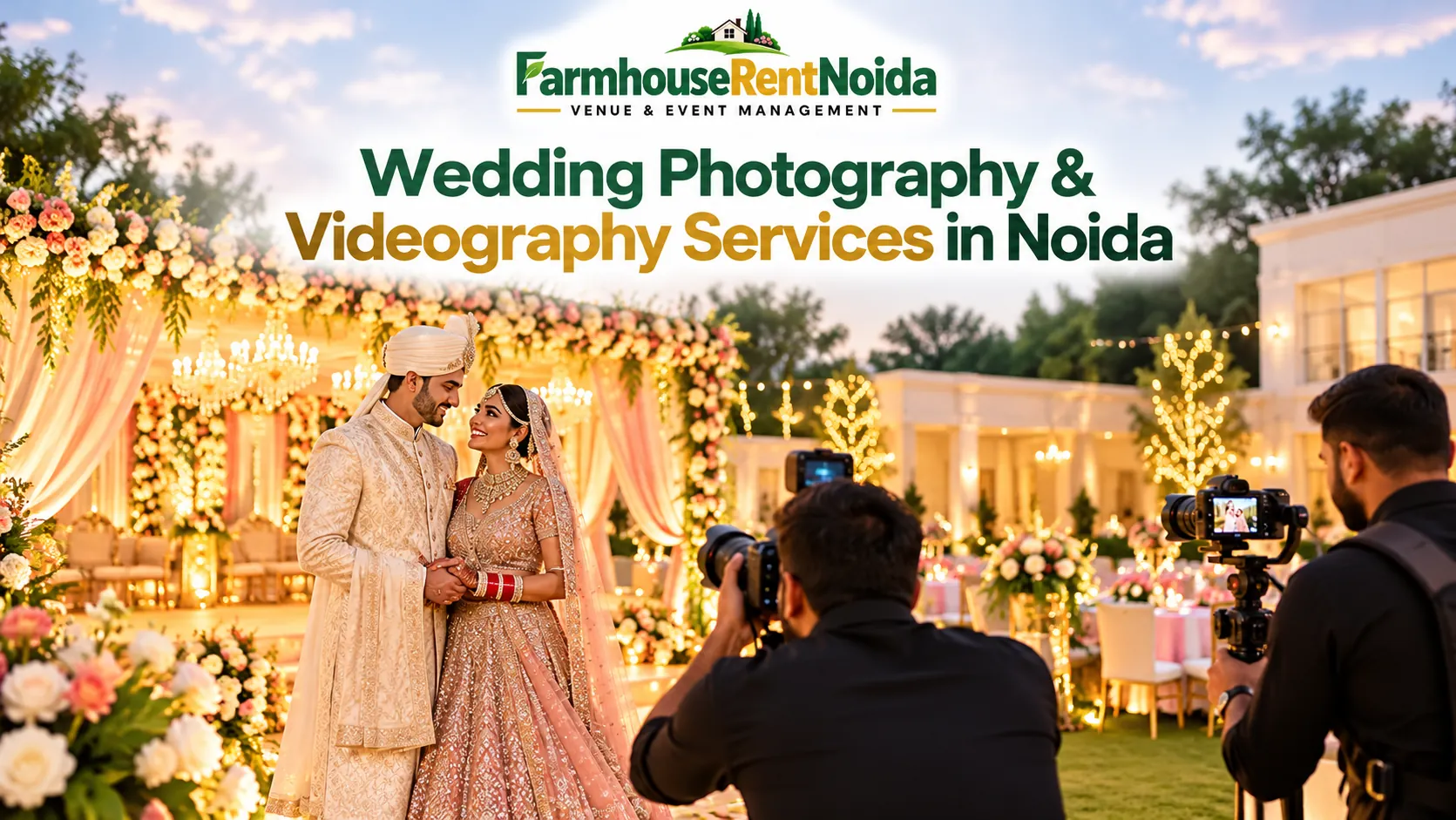 Wedding photography and videography services in Noida featuring bride and groom with professional photographers at a decorated farmhouse