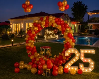 vivaan-farms-birthday-party-noida-compressed Birthday party decoration at Vivaan Farms in Noida with pool and lawn