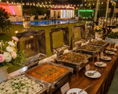vivaan-farms-catering-noida-compressed Buffet catering setup for parties and events at Vivaan Farms Noida